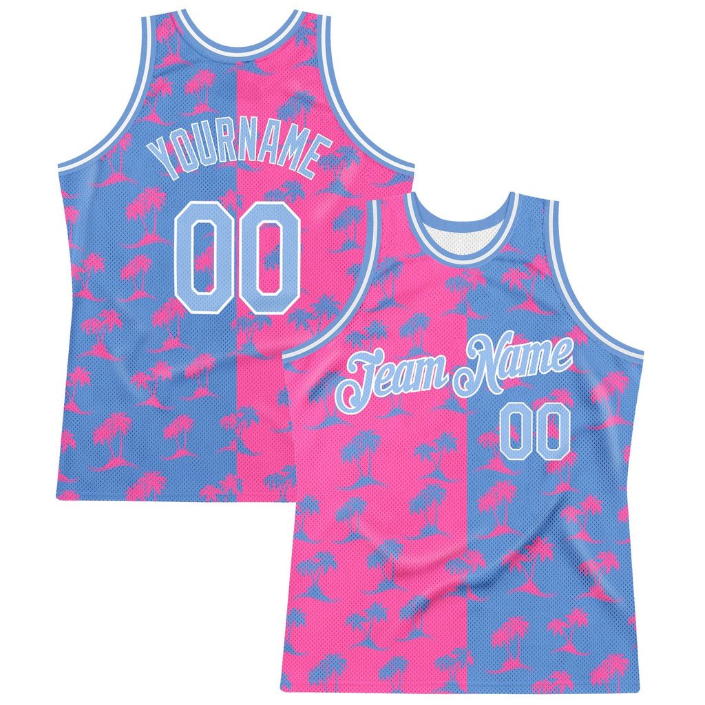 Custom Pink Light Blue-White 3D Pattern Hawaii Palm Trees Authentic Basketball Jersey photo 1