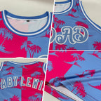 Custom Pink Light Blue-White 3D Pattern Hawaii Palm Trees Authentic Basketball Jersey photo 2