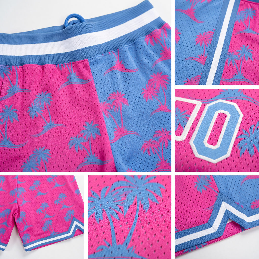 Custom Pink Light Blue-White 3D Pattern Design Palm Trees Authentic Basketball Shorts detail