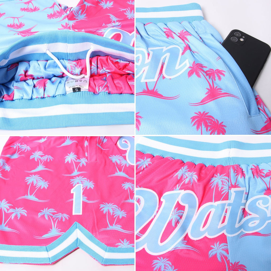 Custom Pink Light Blue-White 3D Pattern Design Palm Trees Authentic Basketball Shorts photo 3