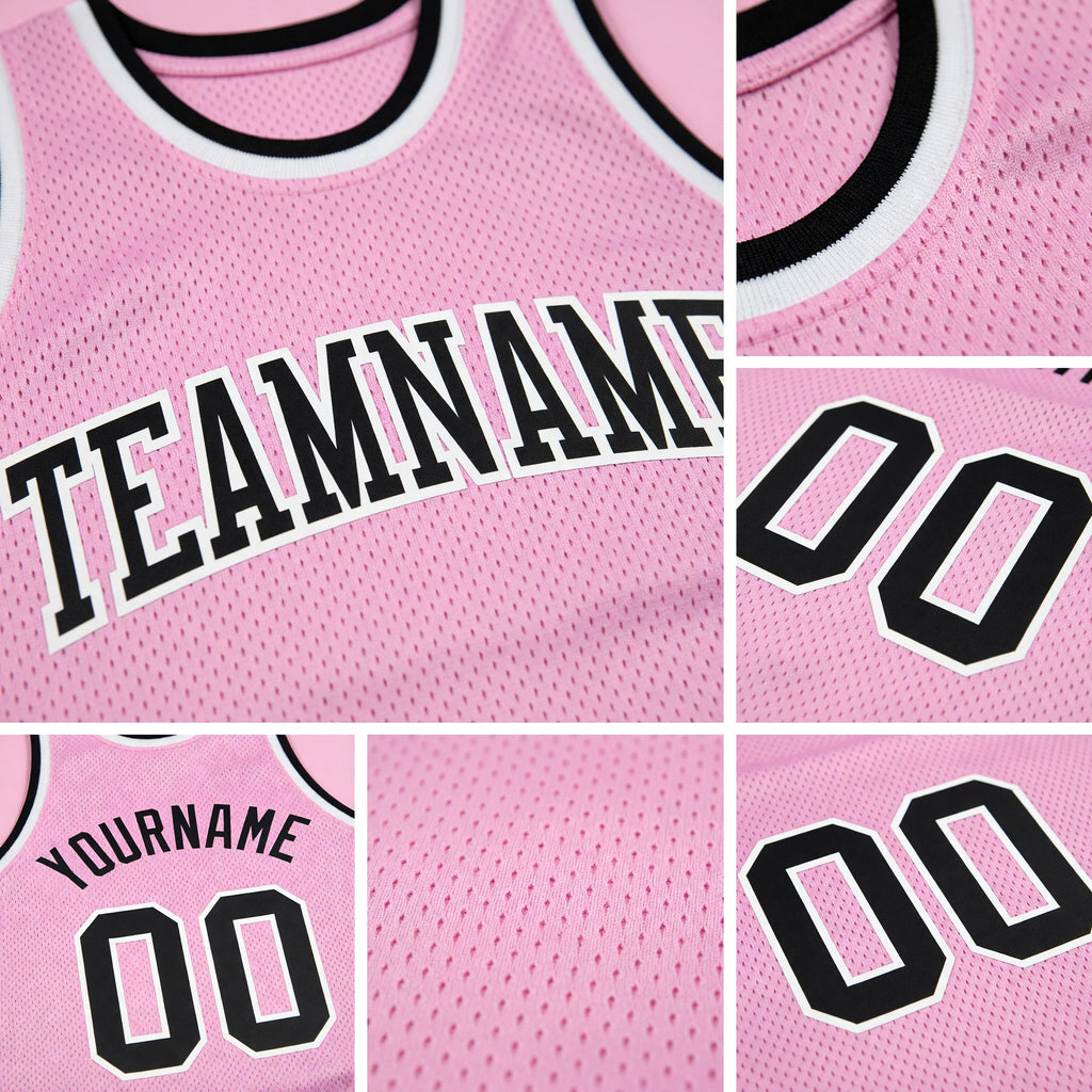 Custom Light Pink Black-White Authentic Throwback Basketball Jersey detail