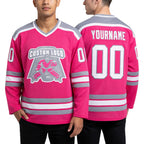 Custom Pink White-Gray Hockey Jersey worn front and back