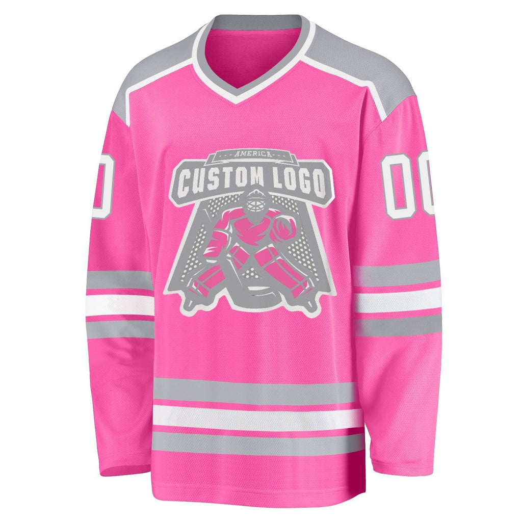 Custom Pink White-Gray Hockey Jersey photo 2