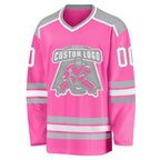 Custom Pink White-Gray Hockey Jersey photo 2