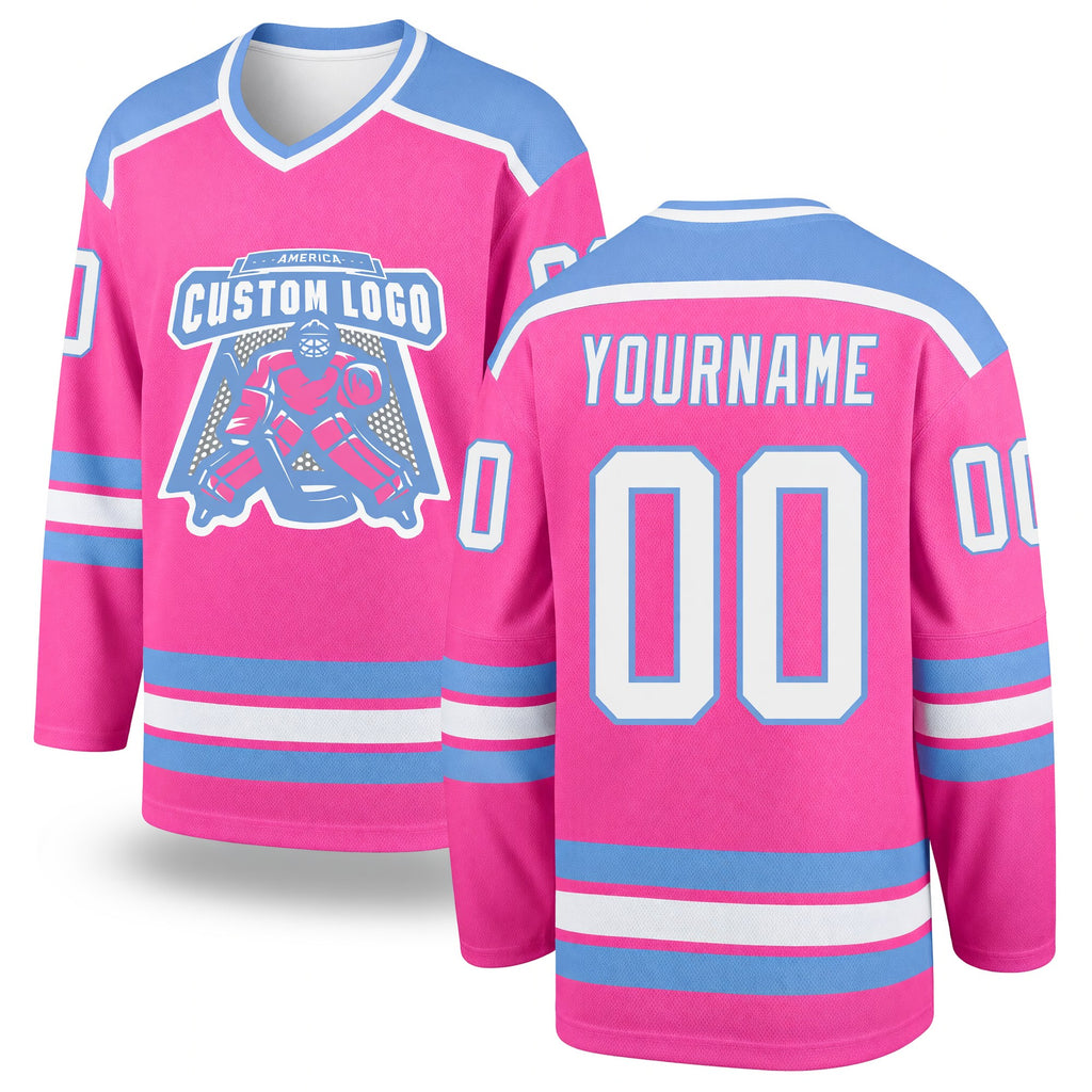 Custom Pink White-Light Blue Hockey Jersey
