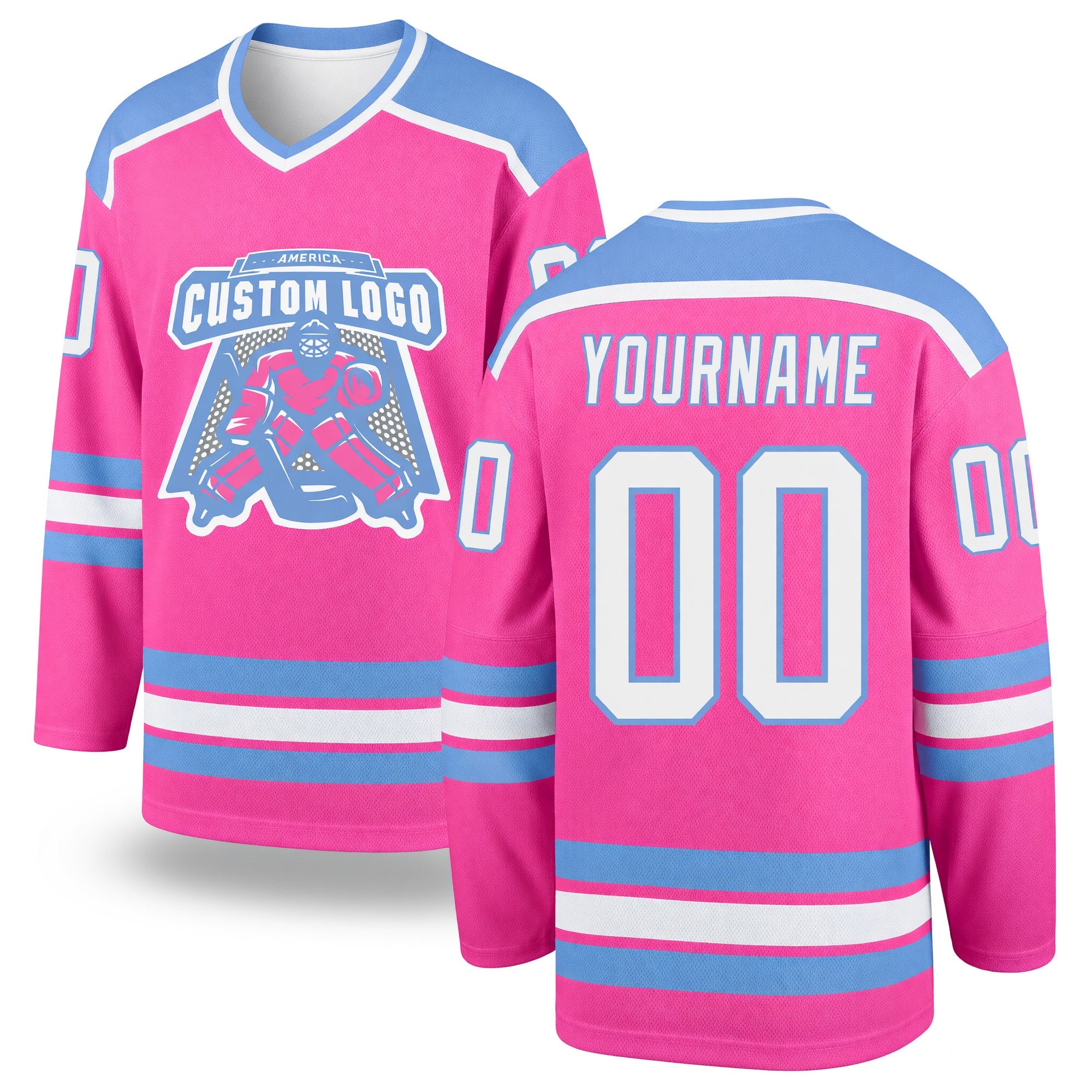 Custom Pink White-Light Blue Hockey Jersey