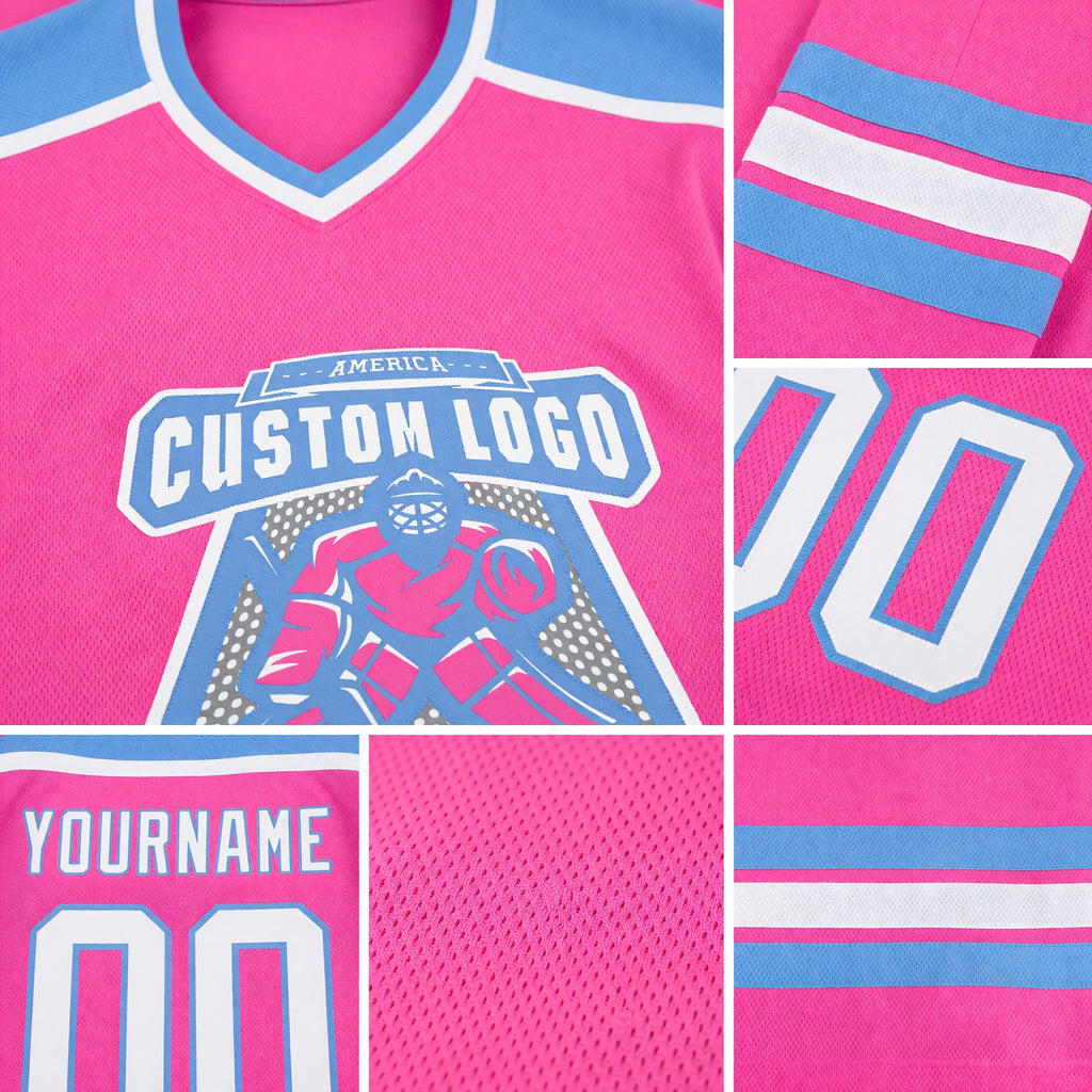 Custom Pink White-Light Blue Hockey Jersey detail
