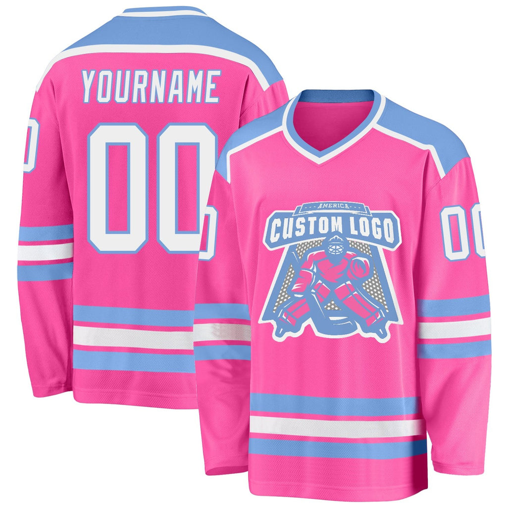 Custom Pink White-Light Blue Hockey Jersey photo 1