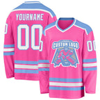 Custom Pink White-Light Blue Hockey Jersey photo 1