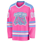 Custom Pink White-Light Blue Hockey Jersey photo 2