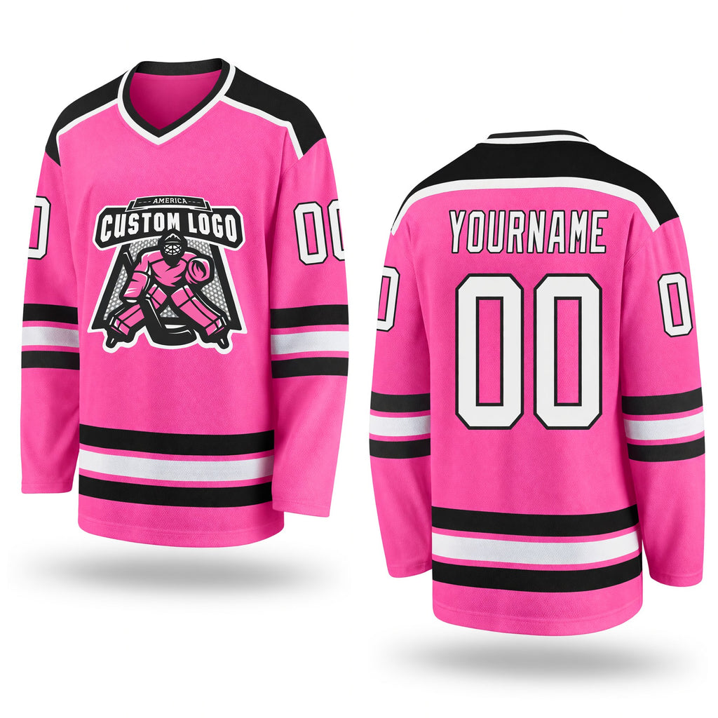 Custom Pink White-Black Hockey Jersey