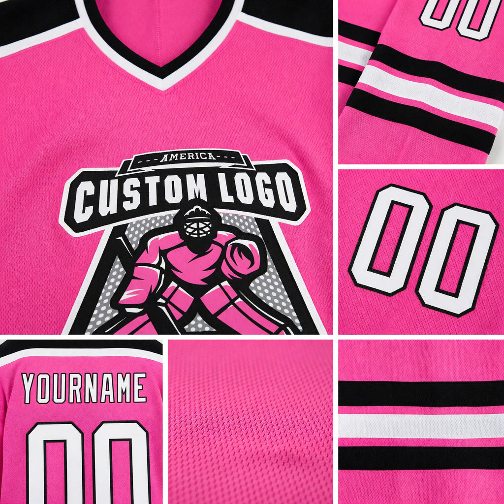 Custom Pink White-Black Hockey Jersey detail