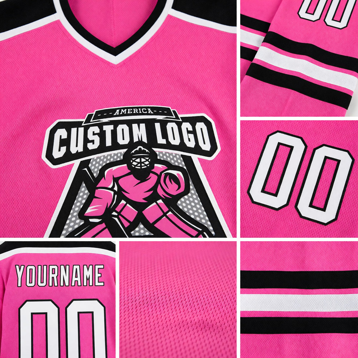 Custom Pink White-Black Hockey Jersey detail