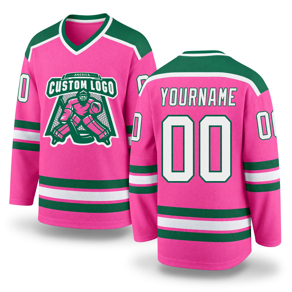 Custom Pink White-Kelly Green Hockey Jersey