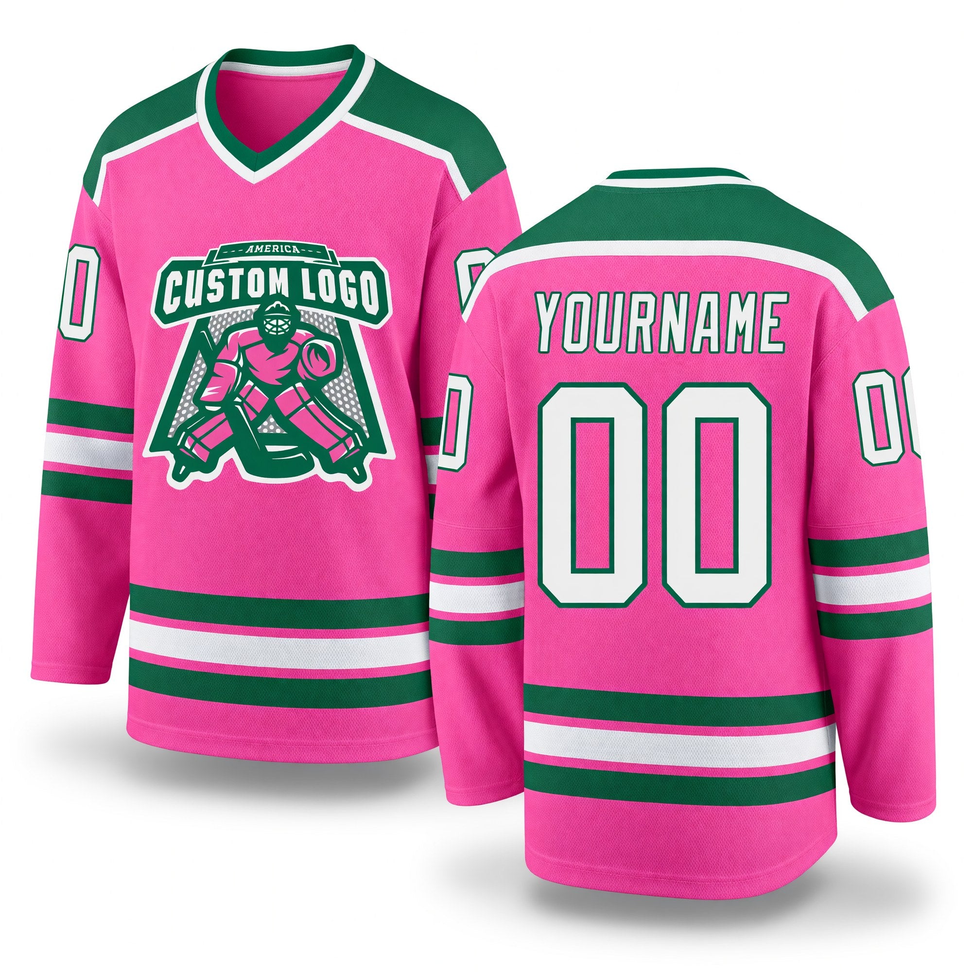 Custom Pink White-Kelly Green Hockey Jersey