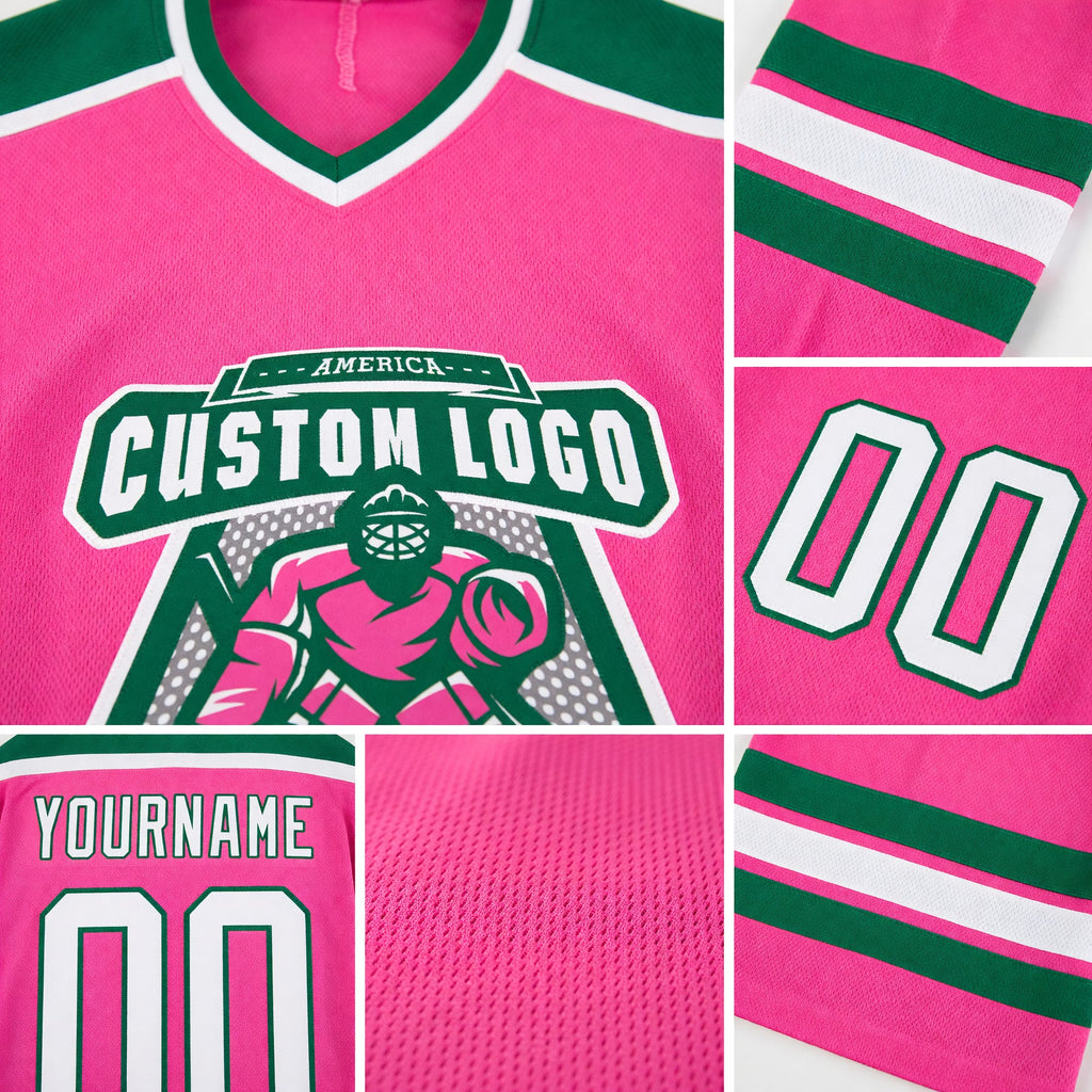 Custom Pink White-Kelly Green Hockey Jersey detail