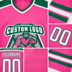 Custom Pink White-Kelly Green Hockey Jersey detail