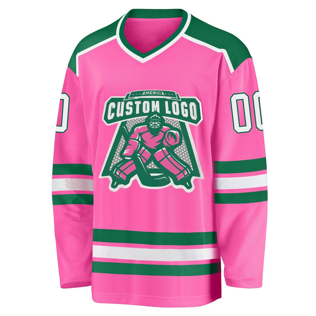 Custom Pink White-Kelly Green Hockey Jersey photo 2