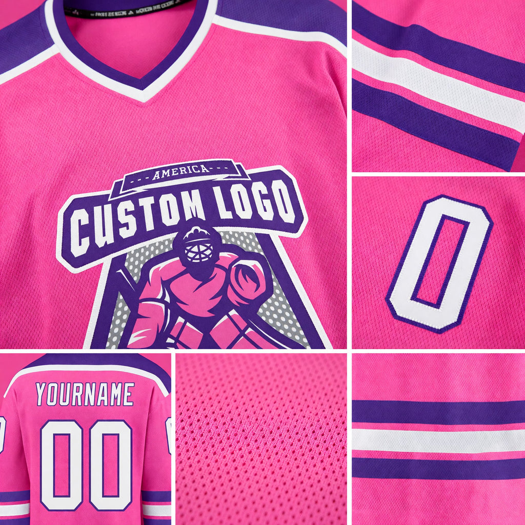 Custom Pink White-Purple Hockey Jersey detail