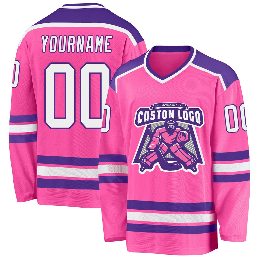 Custom Pink White-Purple Hockey Jersey photo 1