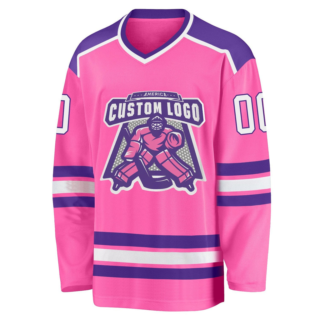 Custom Pink White-Purple Hockey Jersey photo 2