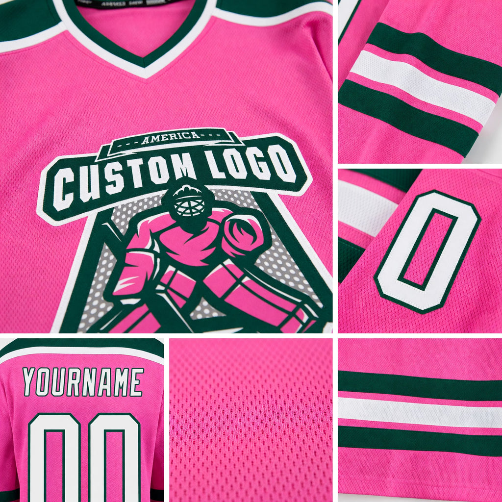 Custom Pink White-Green Hockey Jersey detail