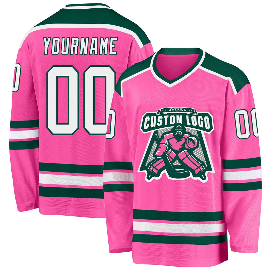 Custom Pink White-Green Hockey Jersey photo 1