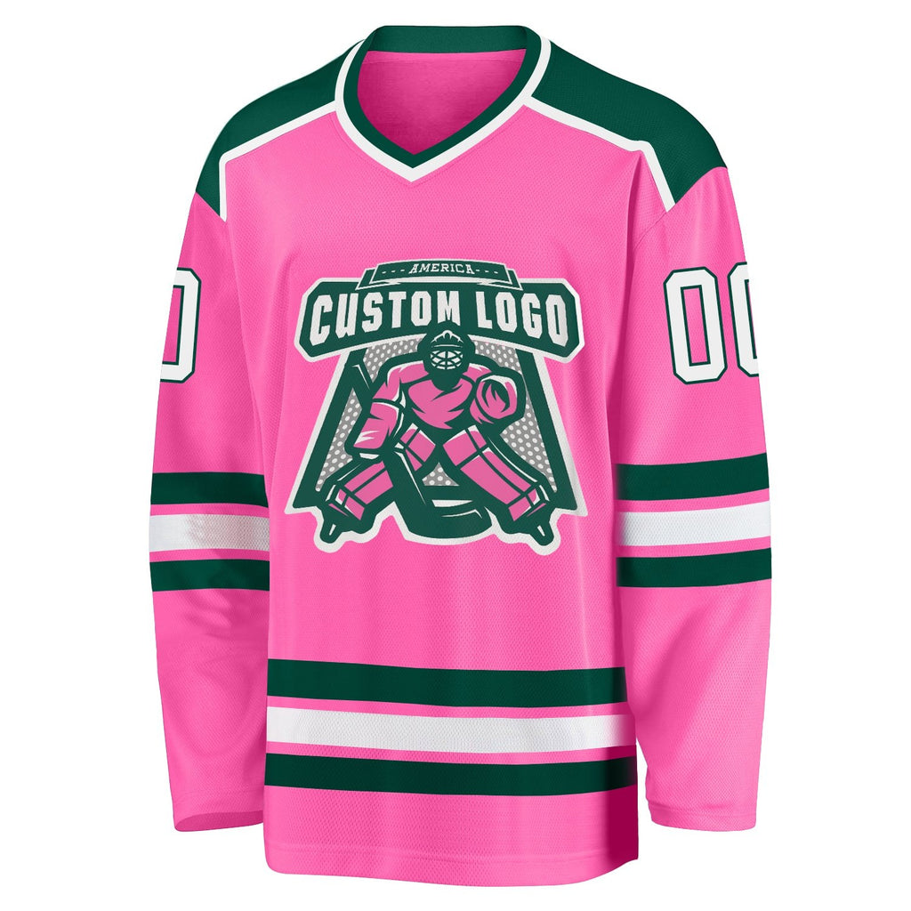 Custom Pink White-Green Hockey Jersey photo 2