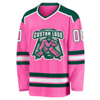 Custom Pink White-Green Hockey Jersey photo 2