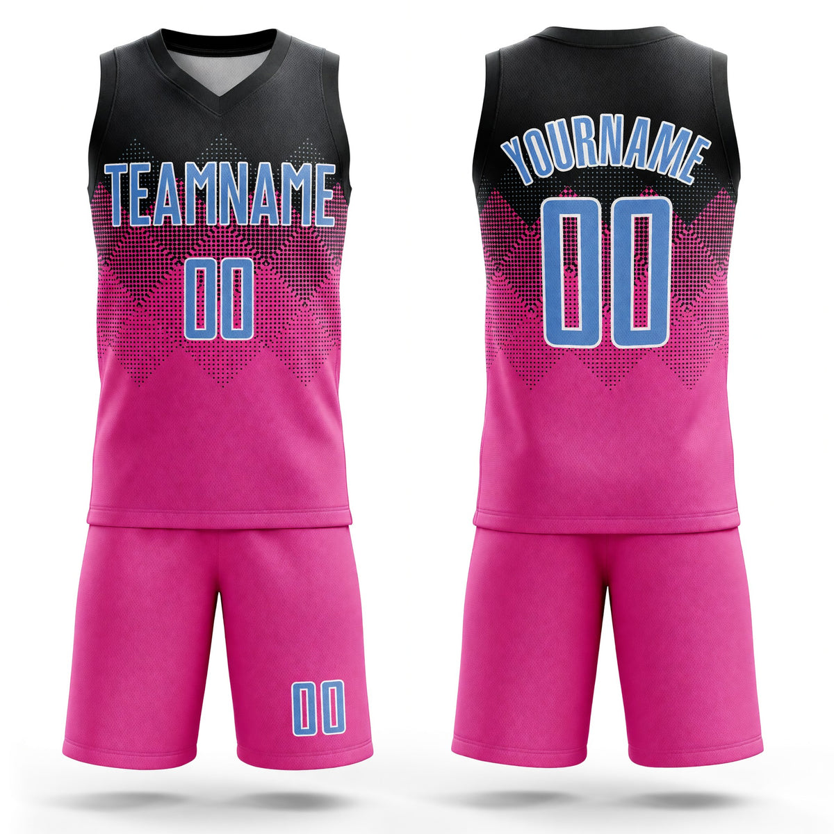 Custom Pink Light Blue Black-White Round Neck Sublimation Basketball Uniform Jersey