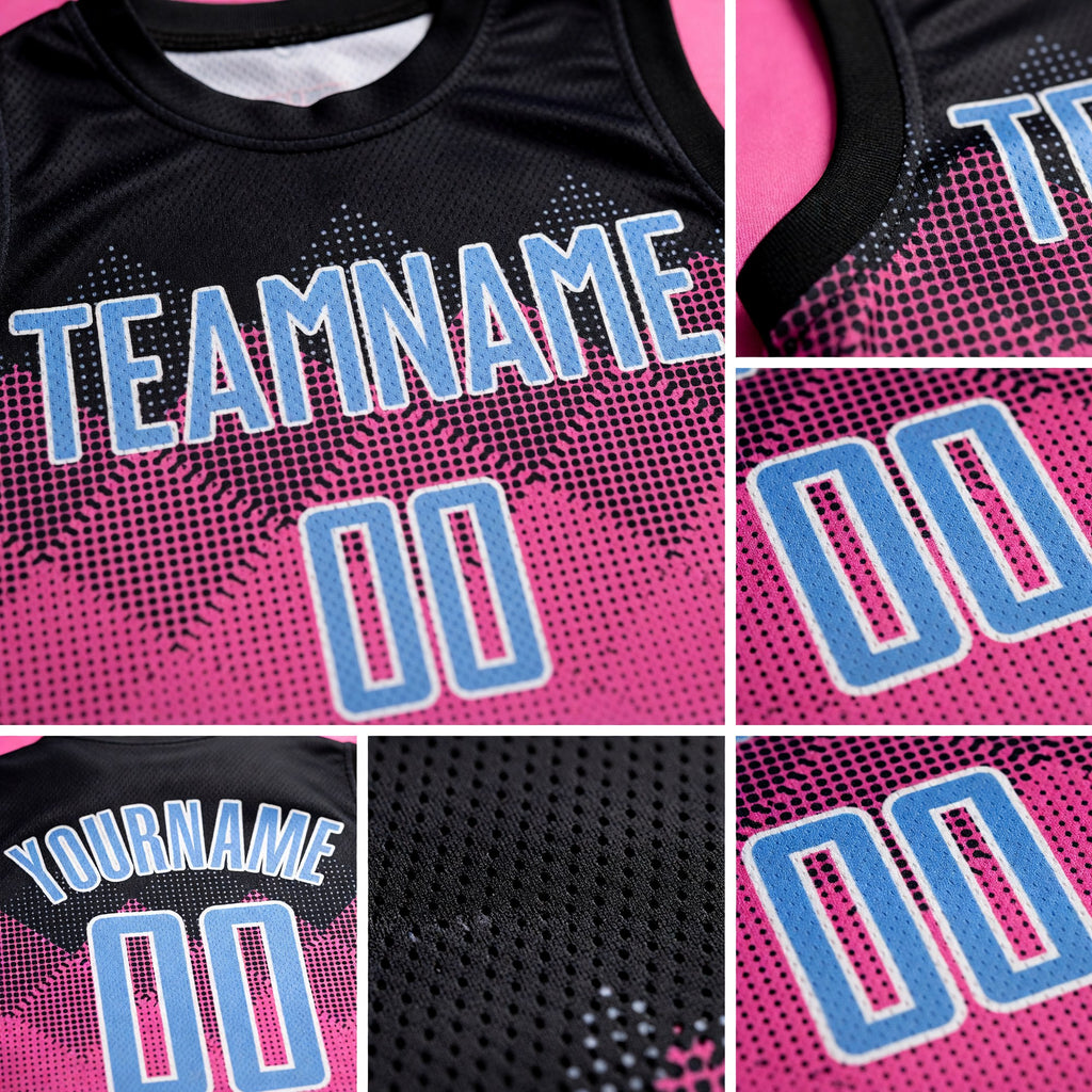 Custom Pink Light Blue Black-White Round Neck Sublimation Basketball Uniform Jersey detail