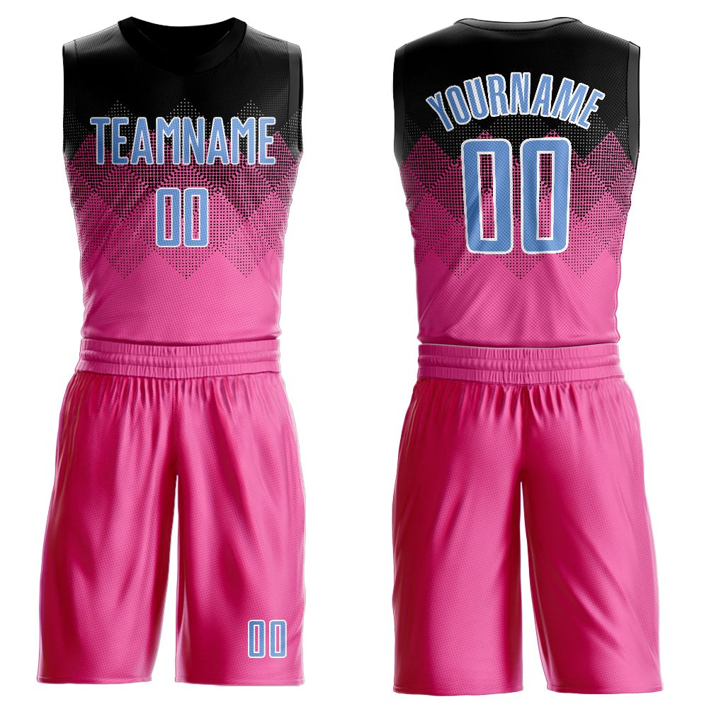 Custom Pink Light Blue Black-White Round Neck Sublimation Basketball Uniform Jersey photo 1