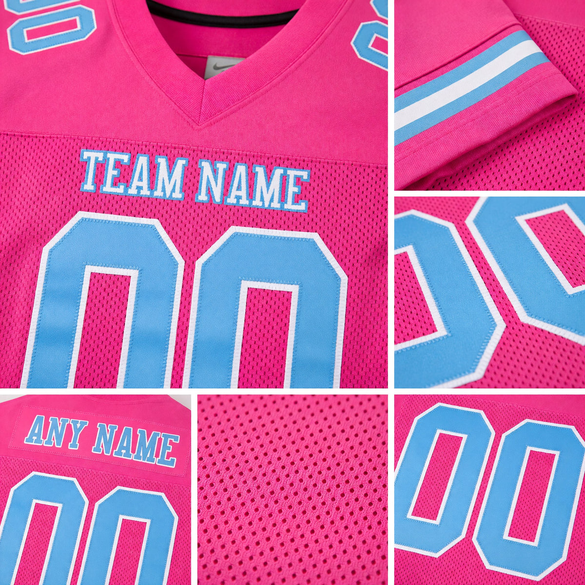 Custom Pink Light Blue-White Mesh Authentic Football Jersey detail