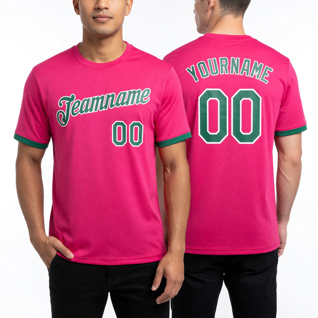 Custom Pink Kelly Green-White Performance T-Shirt worn front and back