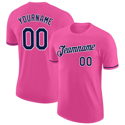 Custom Pink Performance T-Shirt with Navy and White Lettering