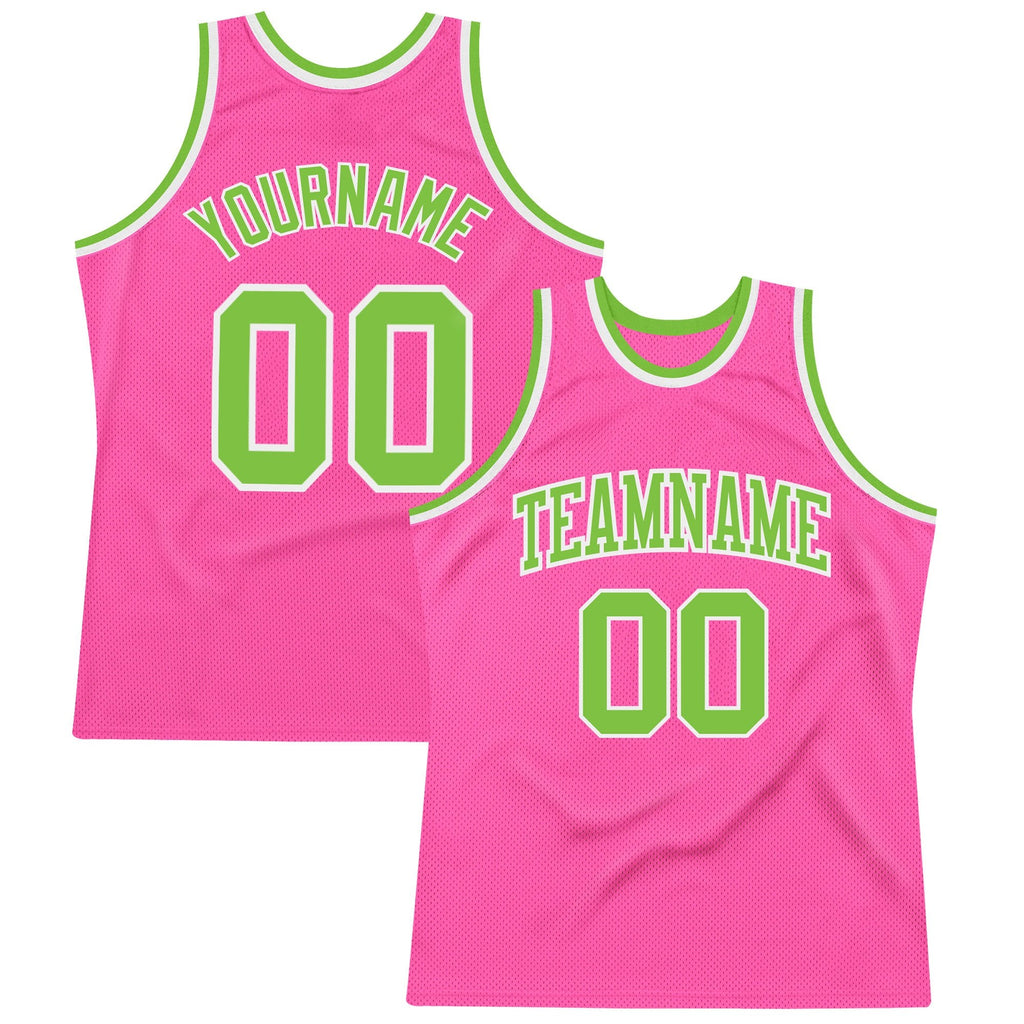 Custom Pink Neon Green-White Authentic Throwback Basketball Jersey photo 1