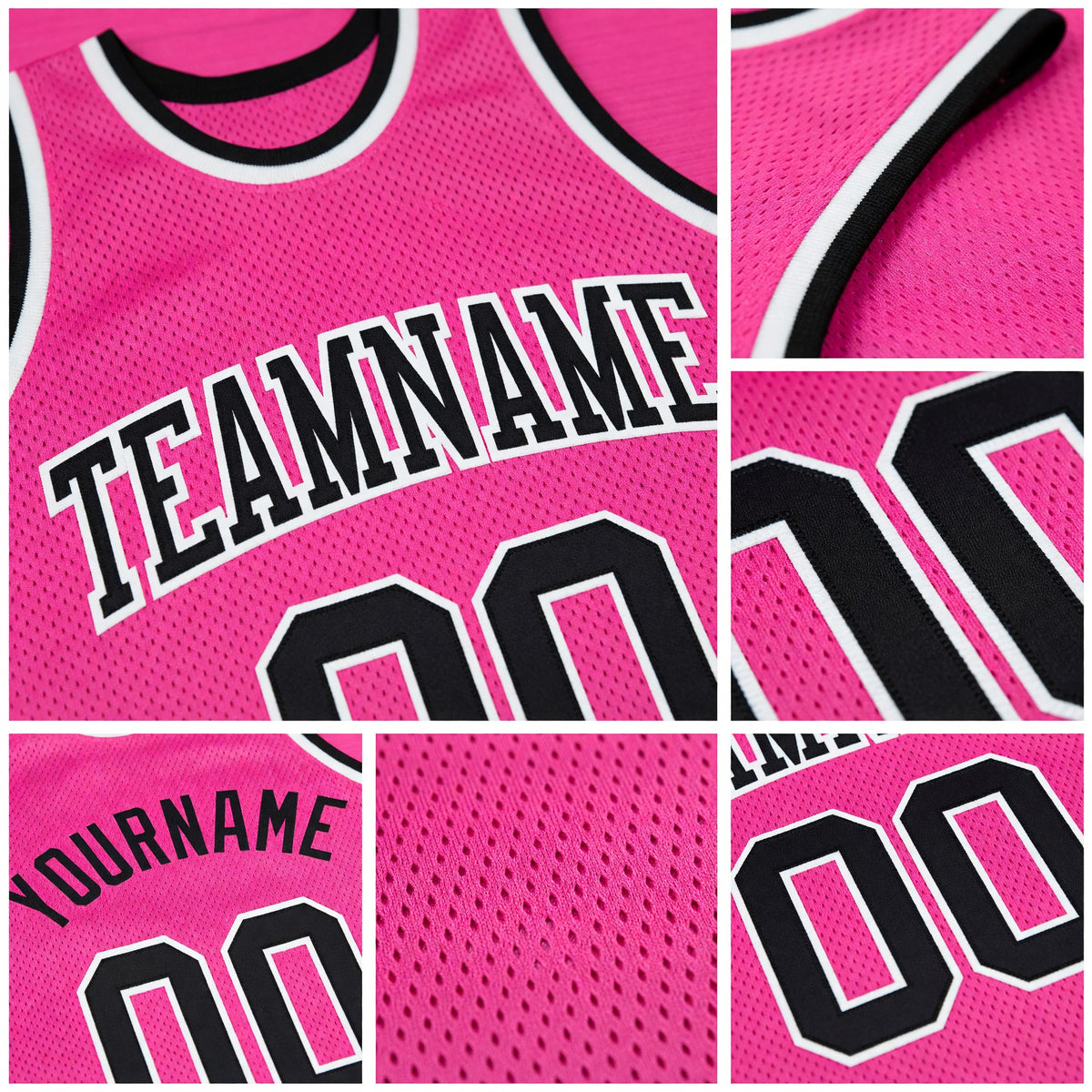 Custom Pink Black-White Authentic Throwback Basketball Jersey detail