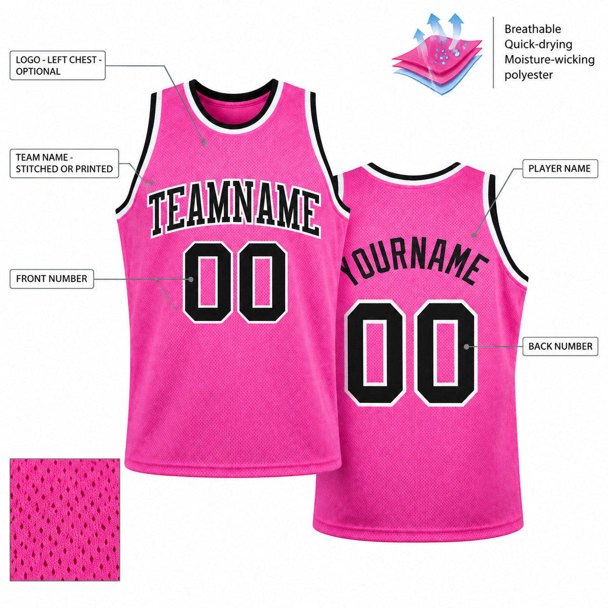 Custom Pink Authentic Throwback Basketball Jersey with Black and White Lettering customization guide