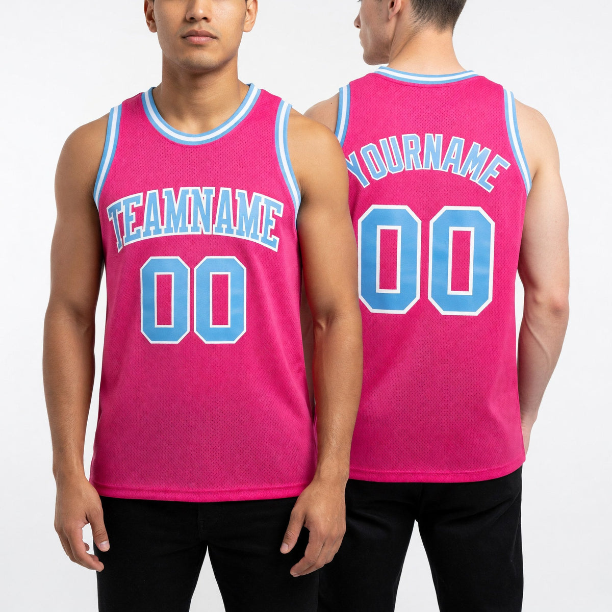 Custom Pink Light Blue-White Authentic Throwback Basketball Jersey worn front and back