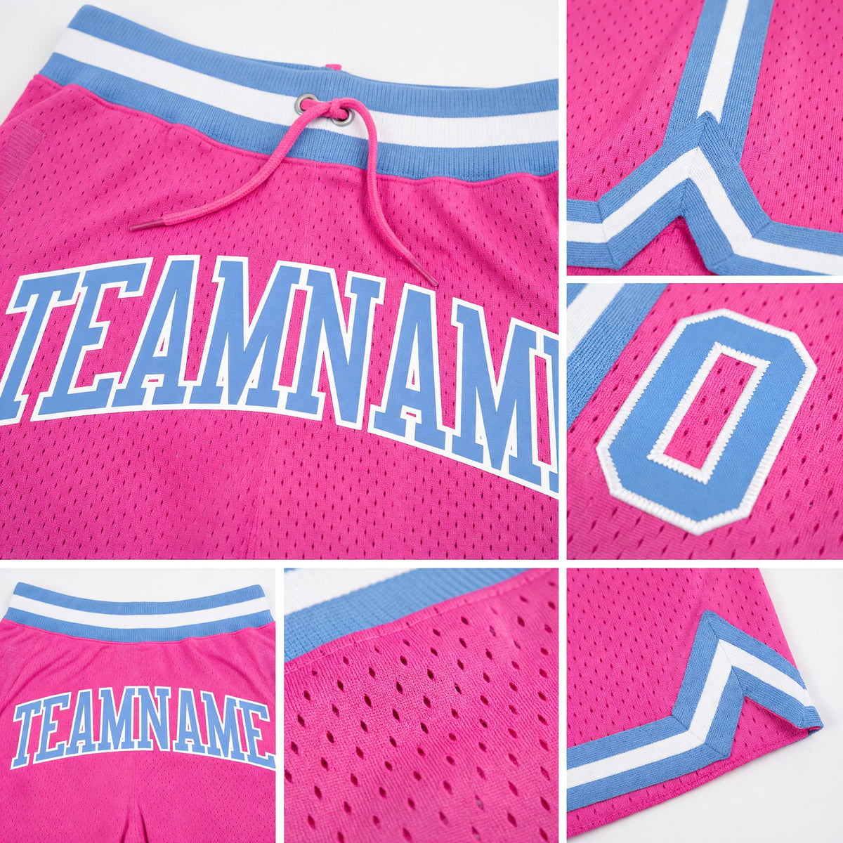 Custom Pink Light Blue-White Authentic Throwback Basketball Shorts detail