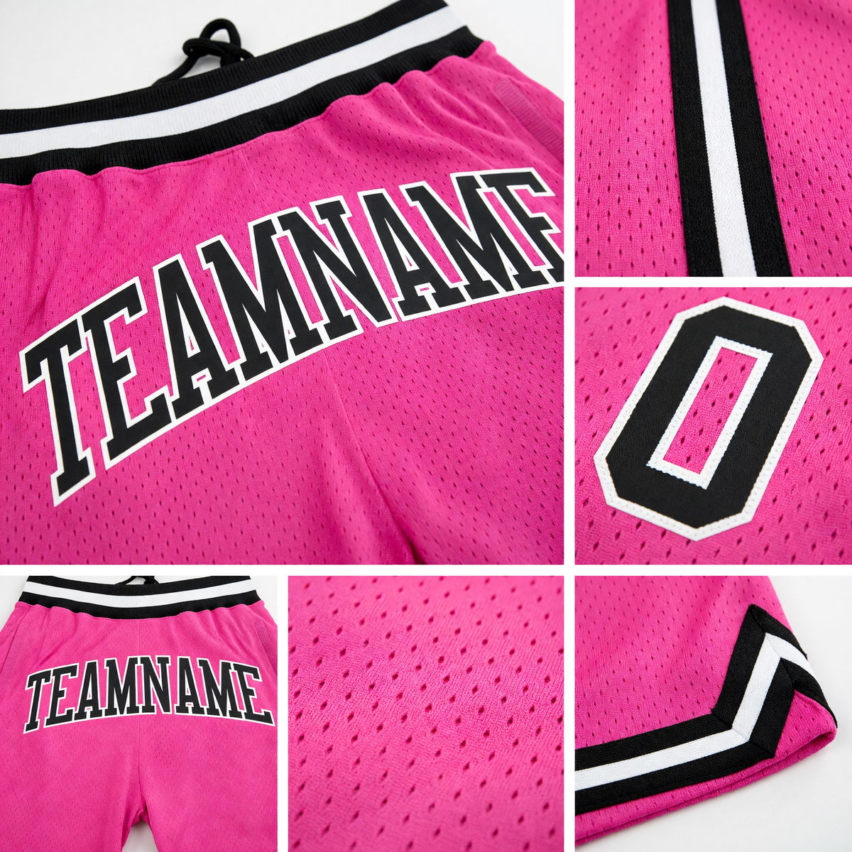 Custom Pink Black-White Authentic Throwback Basketball Shorts detail