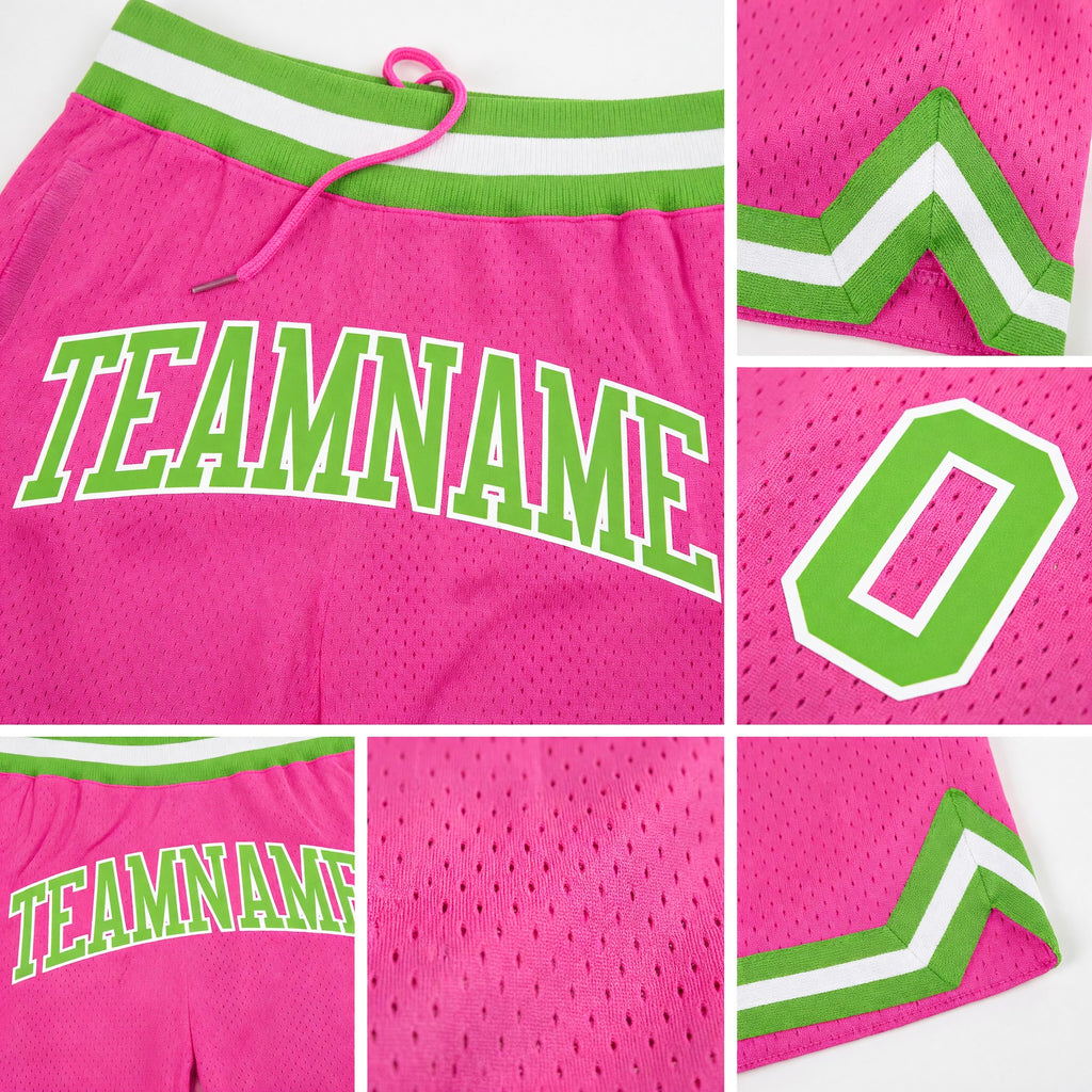Custom Pink Neon Green-White Authentic Throwback Basketball Shorts detail