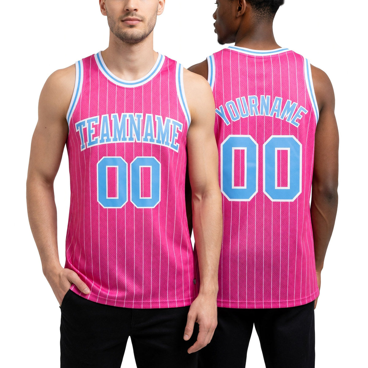Custom Pink White Pinstripe Light Blue-White Authentic Basketball Jersey worn front and back