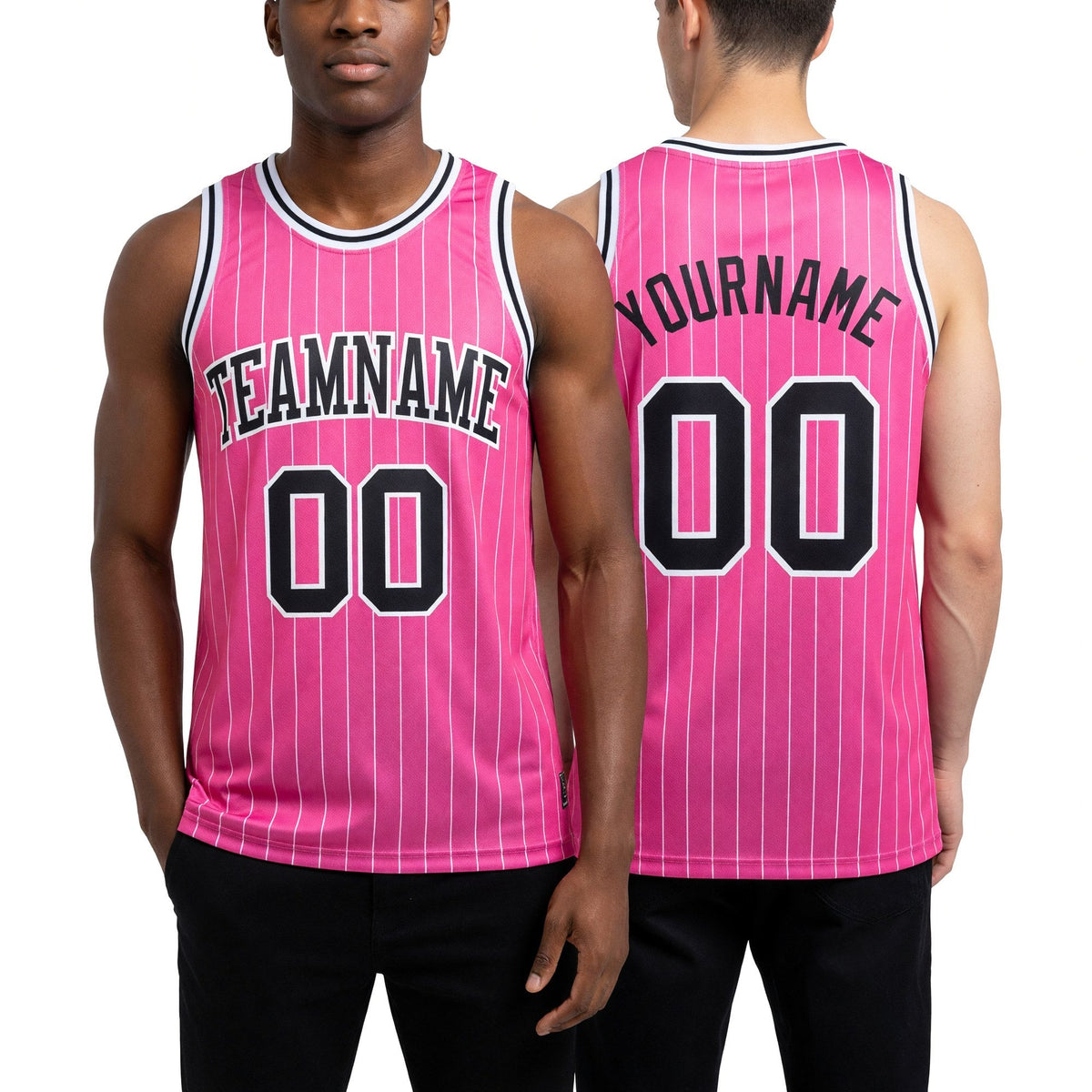 Custom Pink White Pinstripe Black-White Authentic Basketball Jersey worn front and back