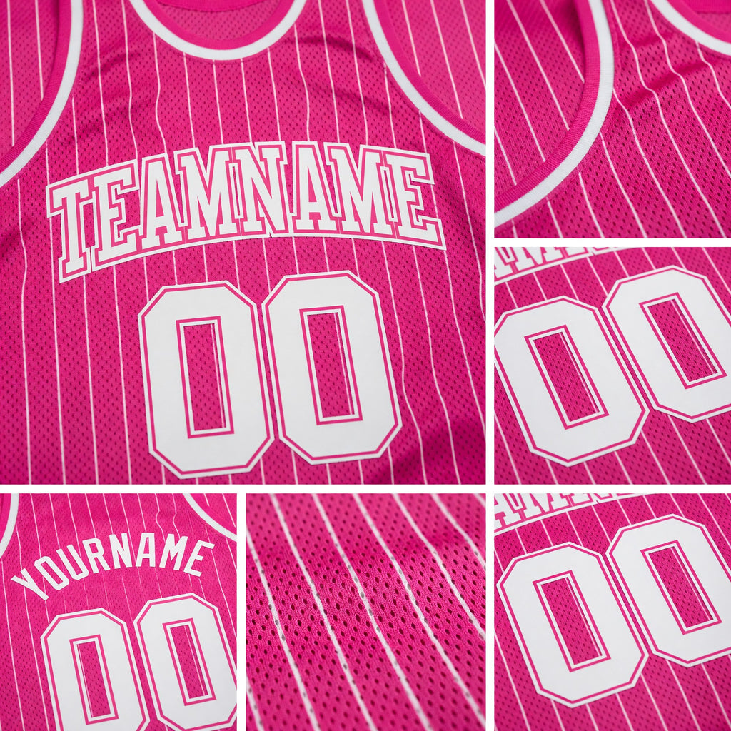 Custom Pink White Pinstripe White-Pink Authentic Basketball Jersey detail