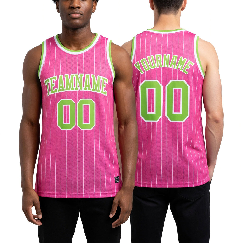 Custom Pink White Pinstripe Neon Green-White Authentic Basketball Jersey worn front and back
