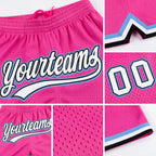 Custom Pink White Black-Light Blue Authentic Throwback Basketball Shorts detail