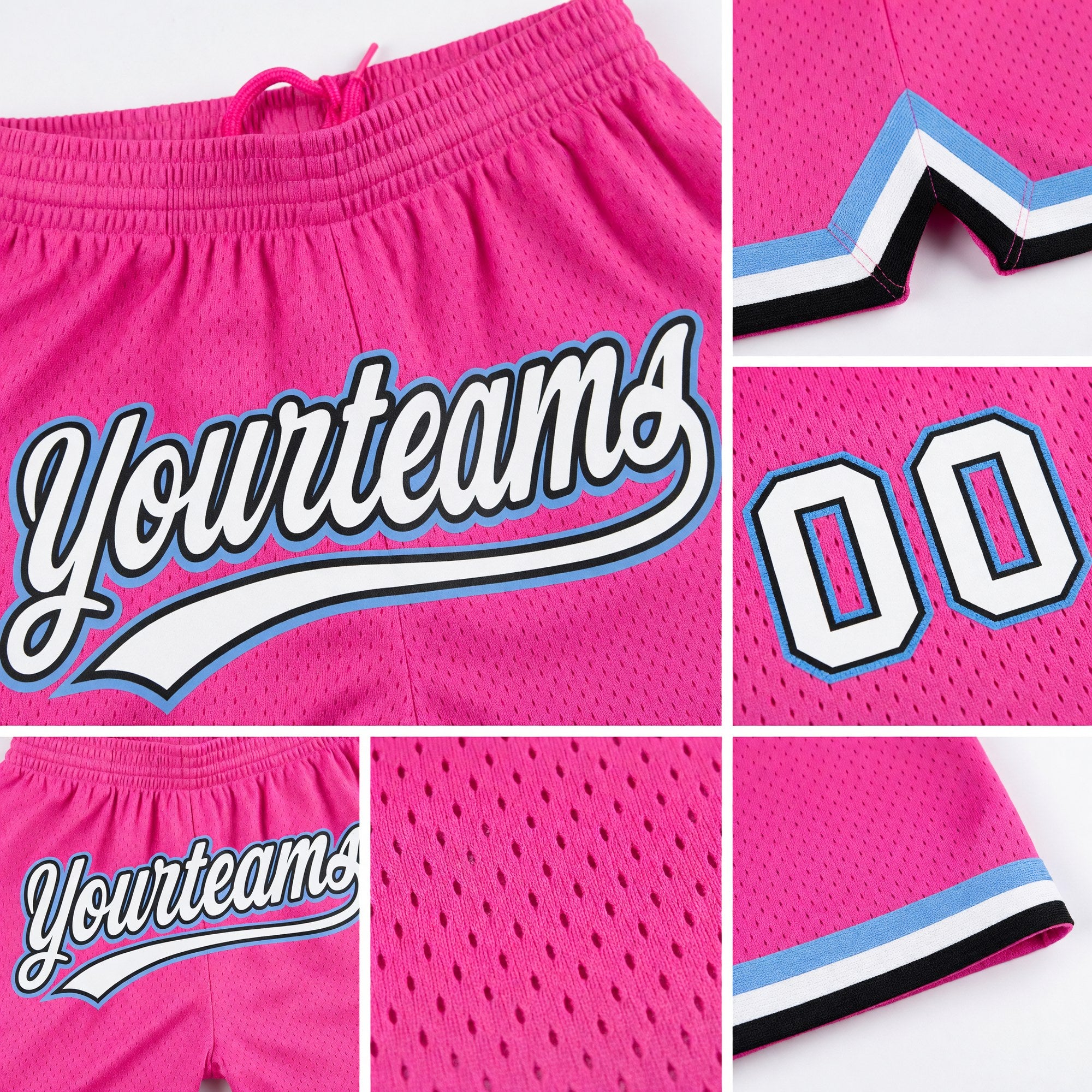 Custom Pink White Black-Light Blue Authentic Throwback Basketball Shorts detail