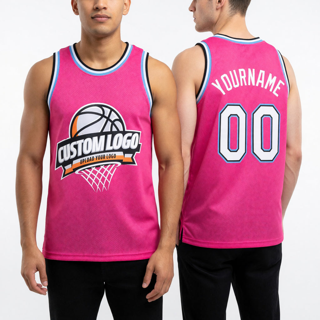 Custom Pink White Black-Light Blue Authentic Throwback Basketball Jersey worn front and back