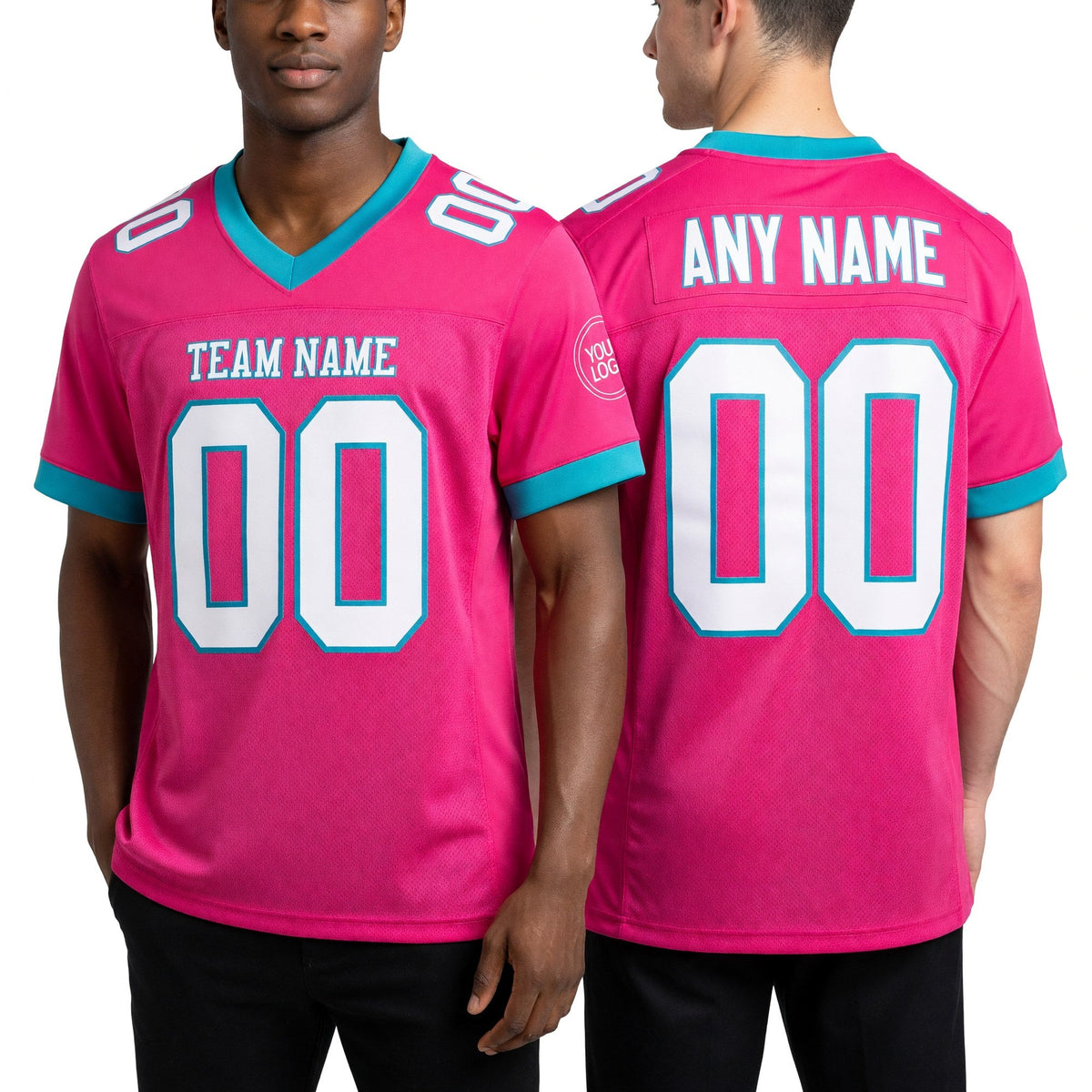 Custom Pink White-Teal Mesh Authentic Football Jersey worn front and back